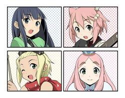  4girls 7th_dragon 7th_dragon_(series) blonde_hair blue_hair blush commentary_request fighter_(7th_dragon) green_eyes guitar haganemaru_kennosuke harukara_(7th_dragon) hat hatch_(7th_dragon) instrument k-on! long_hair maron_(7th_dragon) multiple_girls one_eye_closed parody pink_hair portrait princess_(7th_dragon) ran_(7th_dragon) rogue_(7th_dragon) samurai_(7th_dragon_series) short_hair style_parody upper_body 