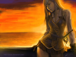  2008 backlighting blonde_hair blouse choker commentary female gloves green_eyes highres jayun light looking_away miniskirt ocean original rapier see-through shirt signature skirt solo sunset sword vest watermark weapon 