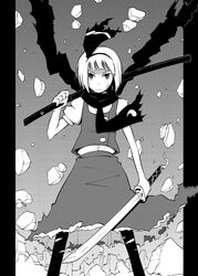  aura commentary_request female greyscale hairband karu_(ishiken) katana konpaku_youmu monochrome nib_pen_(medium) pantyhose pillarboxed rock scarf sheath solo sword torn_clothes torn_pantyhose touhou traditional_media weapon 