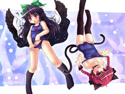  2girls ? animal_ears black_hair bow braid cape cat_ears cat_tail clothes_pull etogami_kazuya hair_ribbon highres kaenbyou_rin long_hair multiple_girls multiple_tails one-piece_swimsuit one-piece_swimsuit_pull pulling_own_clothes red_eyes red_hair reiuji_utsuho ribbon school_swimsuit school_swimsuit_flap short_hair socks strap_pull swimsuit tail thighhighs touhou twin_braids twintails wings zoom_layer 