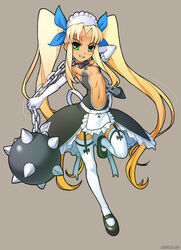  ball_and_chain_(weapon) blonde_hair bow center_opening dress elbow_gloves female flat_chest gloves green_eyes juliet_(vanpri) leg_lift legs long_hair maid maid_headdress mary_janes midriff navel no_bra petite photoshop_(medium) shoes smile solo speh spike_ball spiked_ball_and_chain thighhighs twintails vanguard_princess very_long_hair weapon white_gloves white_thighhighs zettai_ryouiki 