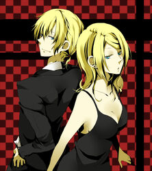  1boy aged_up back-to-back bad_id bad_pixiv_id black_dress blonde_hair blue_eyes breasts brother_and_sister cleavage dress female formal kagamine_len kagamine_rin medium_breasts siblings smile suit sumi_(38page) twins vocaloid 