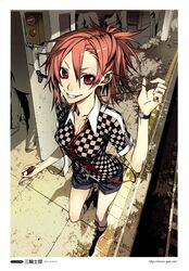  absurdres artist_name blouse breasts casual checkered_clothes checkered_shirt cleavage digital_media_player earphones eyelashes female foreshortening from_above grin hair_between_eyes highres ipod large_breasts looking_at_viewer miwa_shirow necktie original polo_shirt red_eyes red_hair shirt short_hair short_shorts short_sleeves shorts shure smile socks solo_focus subway taut_clothes taut_shirt train_station watch watermark wristwatch 