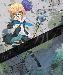  bespectacled blonde_hair commentary_request eema female glare_(vocaloid) glasses hair_ribbon kagamine_rin microphone microphone_stand ribbon short_hair skirt solo striped_clothes striped_thighhighs thighhighs vocaloid yellow_eyes zettai_ryouiki 