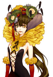  bad_id bad_pixiv_id brown_hair female flower frills heterochromia long_hair mouth_hold original serenade_(sinohi) solo very_long_hair 