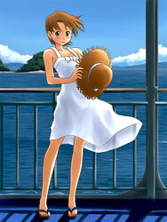  brown_hair commentary_request day dress female fujimoto_atsuko hat lielos ocean original sandals short_hair solo straw_hat sundress 