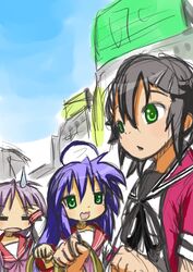  3girls ahoge bad_id bad_pixiv_id crossover hiiragi_kagami izumi_konata kamen_rider kamen_rider_dcd kamen_rider_decade kamiyama_kenta lucky_star mole mole_under_eye multiple_girls personification purple_hair sketch 