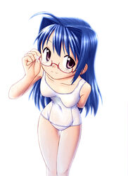  absurdres ahoge blue_hair commentary_request female fumotono_mikoto glasses highres long_hair one-piece_swimsuit original photoshop_(medium) school_swimsuit solo swimsuit 