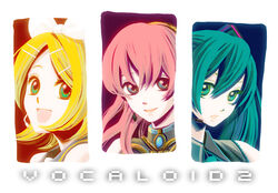  3girls :d aqua_eyes aqua_hair biafura blonde_hair blue_eyes blush bow brooch closed_mouth column_lineup commentary_request copyright_name hair_between_eyes hair_ornament hairbow hairclip hatsune_miku jewelry kagamine_rin looking_at_viewer megurine_luka microphone multiple_girls open_mouth pink_hair portrait red_lips sailor_collar short_hair smile swept_bangs tareme upper_body vocaloid white_bow 