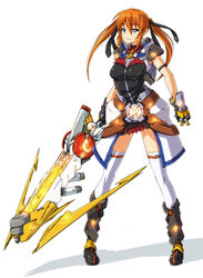  alternate_weapon blue_eyes commentary_request cross_mirage female gloves legs lyrical_nanoha mahou_shoujo_lyrical_nanoha_strikers nekomamire orange_hair photoshop_(medium) smile solo teana_lanster thighhighs twintails weapon 