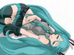  aqua_eyes aqua_hair commentary_request detached_sleeves female hatsune_miku long_hair lying necktie on_back panties panty_pull photoshop_(medium) simple_background solo thighhighs twintails underwear very_long_hair vocaloid yoshi_92 