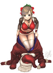  bell blush bow breasts brown_hair choker cleavage collar collarbone commentary copyright_request dressing female hairbow jayun large_breasts midriff navel neck_bell photoshop_(medium) santa_costume skirt solo thigh_gap thighhighs yellow_eyes zettai_ryouiki 