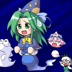  2girls :o =_= ^_^ arm_up blue_background blush blush_stickers boo_(mario) bow bowtie buttons capelet closed_eyes commentary_request eerie_(super_mario_world) flying ghost green_eyes green_hair hairband hat hitodama konpaku_youmu konpaku_youmu_(ghost) long_hair long_sleeves lowres mario_(series) mima_(touhou) multiple_girls myonde no_pupils o_o oekaki open_mouth parody pink_hair saigyouji_yuyuko short_hair skirt skirt_set super_mario_world super_marisa_world sweatdrop touhou touhou_(pc-98) vest white_hair wizard_hat 