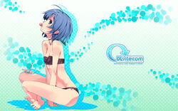  ahoge aqua_background balancing bandeau barefoot between_legs bikini blue_eyes blue_hair bow bow_bikini bowl breasts choker cleavage colored_shadow crossed_legs dlsite.com drop_shadow eating elle_sweet feet female food fork from_side halftone halftone_background head_tilt highres indian_style looking_at_viewer lowleg lowleg_bikini navel profile purple_bikini refeia ribbon ribbon_choker shadow short_hair sitting small_breasts soles solo spread_toes swimsuit toes tongue tongue_hold tongue_out transparent v_arms watermark web_address 