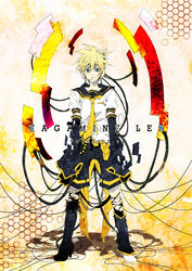  1boy aqua_eyes asymmetrical_clothes bad_id bad_pixiv_id black_shorts blonde_hair detached_sleeves headphones headset kagamine_len male_focus necktie photoshop_(medium) ruco shorts solo vocaloid yellow_necktie 