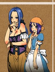  2girls apron bandana bare_shoulders blue_hair blush bow_(bhp) breasts cleavage commentary_request corset dragon_quest dragon_quest_ix large_breasts long_hair maid multiple_girls purple_hair rikka_(dq9) ruida short_hair 