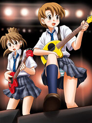  2girls brown_hair commentary_request fernandes_guitars fernandes_zo-3 fujimoto_atsuko guitar highres instrument lielos multiple_girls music original panties playing_instrument poniko_(lielos) school_uniform short_hair striped_clothes striped_panties underwear upskirt 