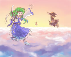  3girls bad_id bad_pixiv_id blonde_hair buranantoka cloud flying hakurei_reimu kirisame_marisa kochiya_sanae long_skirt multiple_girls skirt sky touhou undefined_fantastic_object 