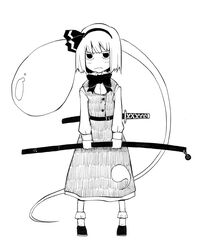  bow commentary_request female frown greyscale hitodama karu_(ishiken) katana konpaku_youmu konpaku_youmu_(ghost) millipen_(medium) monochrome nib_pen_(medium) short_hair simple_background solo sword touhou traditional_media weapon 