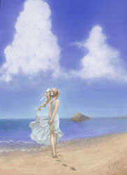  arms_behind_back bare_shoulders barefoot beach blonde_hair bow cloud commentary day dress female from_behind hairbow jayun long_hair ocean original outdoors own_hands_together photoshop_(medium) ponytail scenery see-through solo walking white_dress wind 