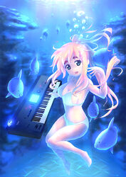  air_bubble armpits barefoot bikini blonde_hair blue_eyes bubble commentary_request female fish instrument k-on! korg korg_triton kotobuki_tsumugi long_hair orita_enpitsu photoshop_(medium) solo sunfish swimsuit synthesizer thick_eyebrows underwater 