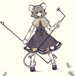  animal_ears black_skirt black_vest bobby_socks capelet dowsing_rod female full_body grey_capelet grey_hair jewelry long_sleeves mary_janes mouse_(animal) mouse_ears mouse_tail nazrin necklace red_eyes shiina_aya shoes short_hair simple_background skirt smile socks solo tail touhou vest 