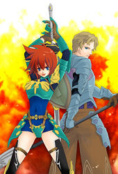  1boy armor blue_eyes boots commentary_request female gauntlets gensou_suikoden gensou_suikoden_v glaive_(polearm) gloves isabel_(suikoden) kankichi mathias_(suikoden) polearm polearm_behind_back red_hair shield short_hair spear sword thigh_boots thighhighs weapon 