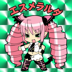  :d bad_id bad_pixiv_id blush_stickers character_name chibi commentary_request drill_hair esmerelda_(saint_october) female green_eyes long_hair navel no_nose oerba_yun_fang photoshop_(medium) pink_hair pointy_ears saint_october skirt smile solo striped_clothes striped_thighhighs tail thighhighs twin_drills twintails zankuro 