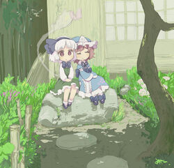  2girls :o bamboo black_footwear blue_dress bob_cut bug butterfly chibi closed_eyes dappled_sunlight day dress flower frills garden grass hair_ornament hairband hat hitodama japanese_clothes jpeg_artifacts konpaku_youmu konpaku_youmu_(ghost) long_sleeves looking_at_viewer mary_janes multiple_girls no_nose open_mouth oto outdoors photoshop_(medium) pink_hair saigyouji_yuyuko shoes short_hair sitting smile socks sunlight tareme touhou tree triangular_headpiece v_arms white_hair window 