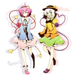  2girls bad_id bad_pixiv_id green_eyes hairband hat komeiji_koishi komeiji_satori multiple_girls pink_eyes pink_hair shivue short_hair siblings sisters touhou white_hair 