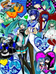  1boy aqua_eyes aqua_hair bad_id bad_pixiv_id blue_eyes blue_hair blue_scarf cantarella_(vocaloid) cendrillon_(vocaloid) couple crazy_clown_(vocaloid) detached_sleeves female german_suplex hatsune_miku heart kaito_(vocaloid) koi_wa_sensou_(vocaloid) long_hair necktie one_eye_closed romeo_to_cinderella_(vocaloid) rosaceo saihate_(vocaloid) scarf short_hair skirt smile songover straight suplex thighhighs twintails vocaloid world_is_mine_(vocaloid) zettai_ryouiki 