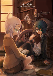  2girls ahoge androgynous barefoot belt book bookshelf commentary_request green_eyes green_hair hermes_(kino_no_tabi) kate_wong kino_(kino_no_tabi) kino_no_tabi motor_vehicle motorcycle multiple_girls photoshop_(medium) pink_hair reverse_trap short_hair shorts sweater tea_(kino_no_tabi) white_hair window 