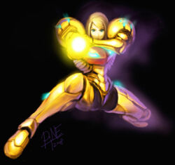  armor blonde_hair bodysuit female fighting_stance green_eyes jayun metroid power_armor samus_aran solo varia_suit 