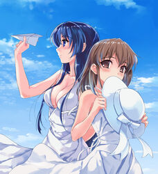  2girls bad_id bad_pixiv_id blue_eyes blue_hair breasts brown_eyes brown_hair cleavage day dress hat highres koga_sayoko large_breasts multiple_girls paper_airplane photoshop_(medium) sazanami_(artist) sky suiheisen_made_nan_mile? sundress tsuyazaki_kokage white_dress 