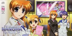  5girls absurdres album_cover blonde_hair blue_eyes blush closed_eyes copyright_name cover energy_wings fingerless_gloves gloves green_eyes heterochromia highres long_hair lyrical_nanoha magic_circle magical_girl mahou_shoujo_lyrical_nanoha mahou_shoujo_lyrical_nanoha_strikers mahou_shoujo_lyrical_nanoha_the_movie_1st military military_uniform multiple_girls okuda_yasuhiro open_mouth orange_hair pencil_skirt purple_eyes purple_hair raising_heart raising_heart_(cannon_mode) red_eyes red_hair scan short_hair side_ponytail skirt smile speaker staff subaru_nakajima takamachi_nanoha takamachi_nanoha_(movie_1st_mode) teana_lanster television tsab_air_military_uniform tsab_executive_military_uniform tsab_rescue_military_uniform uniform v vivio wings 