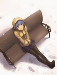  bench blue_hair coat cold commentary copyright_request female from_above hands_in_pockets jayun looking_up pantyhose short_hair sitting skirt snow solo yellow_eyes 