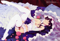  absurdres bed breast_hold breasts bridal_veil bride bustier cleavage covering_privates dress elbow_gloves feet female flower frilled_pillow frills garter_belt gloves highres imageboard_desourced kawamura_takayasu kuro_(kurokami) kurokami lace legs lingerie long_hair lying medium_breasts megami_magazine non-web_source official_art on_back panties petals photoshop_(medium) pillow pink_flower pink_rose red_eyes red_hair rose solo thighhighs underwear veil very_long_hair wedding_dress 