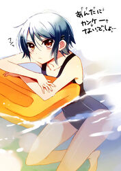  blue_hair competition_swimsuit copyright_request female hair_ornament hairclip one-piece_swimsuit orange_eyes short_hair solo swimsuit water wemu_(ivycrown) 