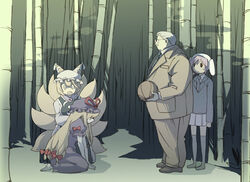  1boy 3girls animal_ears anzai_mitsuyoshi bad_id bad_pixiv_id ball bamboo bamboo_forest basketball basketball_(object) blonde_hair bow collared_dress collared_shirt cross_tie crossover dress forest formal fox_tail glasses grey_hair hair_between_eyes hairbow hat hat_ribbon i_want_to_play_basketball koukou_(climacool) long_hair long_sleeves miniskirt mob_cap multiple_girls multiple_tails nature necktie oerba_yun_fang open_mouth parody photoshop_(medium) pleated_skirt puffy_short_sleeves puffy_sleeves purple_dress purple_hair rabbit_ears red_bow reisen_(touhou_bougetsushou) ribbon shirt short_hair short_sleeves silent_sinner_in_blue skirt slam_dunk_(series) suit tabard tail touhou touhou_bougetsushou yakumo_ran yakumo_yukari 