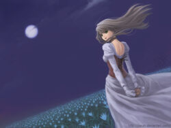  arms_behind_back back brown_hair choker cloud commentary corset dress dutch_angle female field flower from_behind full_moon green_eyes jayun long_hair looking_back moon original own_hands_clasped own_hands_together photoshop_(medium) solo white_dress wind 