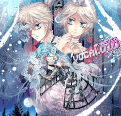  1boy 2girls aqua_eyes aqua_hair bad_id bad_pixiv_id blonde_hair blood ciel1533 dress elbow_gloves flower full_moon gloves hair_ornament hair_ribbon hairclip hatsune_miku kagamine_len kagamine_rin kurai_mori_no_circus_(vocaloid) long_hair moon multiple_girls photoshop_(medium) ribbon rose short_hair siblings twins vocaloid white_flower white_rose 