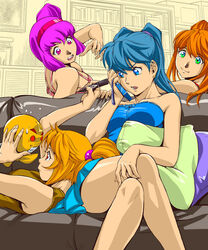  4girls akane_(mots) aoi_(mots) bad_id bad_pixiv_id blue_eyes blue_hair crossed_legs food fruit green_eyes lemon momo_(mots) mots multiple_girls original purple_hair sitting 