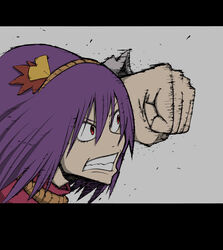  action angry clenched_hand commentary_request female hair_ornament hairband highres karu_(ishiken) leaf_hair_ornament letterboxed nib_pen_(medium) purple_hair red_eyes scowl solo touhou traditional_media yasaka_kanako 