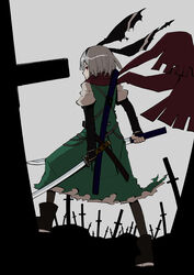  boots commentary_request dual_wielding female field_of_blades fingerless_gloves gloves grey_hair hairband highres holding karu_(ishiken) katana konpaku_youmu looking_back millipen_(medium) nib_pen_(medium) ootachi planted planted_sword red_eyes red_scarf scarf sheath solo sword touhou traditional_media unlimited_blade_works_(fate) weapon 