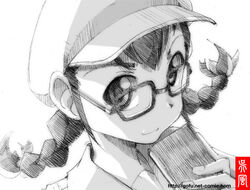  book braid commentary_request female glasses gofu greyscale hat kawashima_noe monochrome sketch solo spot_color taishou_yakyuu_musume traditional_media twin_braids 