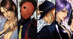  3boys arsene_lupin_iii arsene_lupin_iii_(cosplay) cigarette cosplay ear_piercing fedora female gun hat ishikawa_goemon_xiii ishikawa_goemon_xiii_(cosplay) jacket jigen_daisuke jigen_daisuke_(cosplay) jpeg_artifacts konan_(naruto) lily_(artist) lupin_iii mask mine_fujiko mine_fujiko_(cosplay) multiple_boys naruto_(series) naruto_shippuuden necktie nose_piercing pain_(naruto) piercing purple_hair red_eyes red_jacket sword tobi_(naruto) uchiha_itachi weapon yellow_necktie 