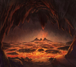  cave commentary_request dragon fire guild_wars_(series) guild_wars_1 lava no_humans original outdoors photoshop_(medium) puyoakira scenery stalactite the_great_destroyer 