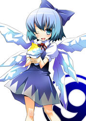  blue_eyes blue_hair bow circled_9 cirno duplicate female food hermmy ice one_eye_closed peeing shaved_ice short_hair solo touhou urine wings yellow_snow 