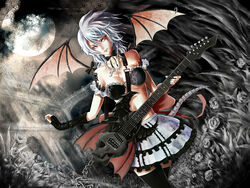  bat_wings bow breasts chains cleavage commentary_request cross female fingerless_gloves gloves goth_fashion guitar instrument medium_breasts moon original poo_(saku) red_eyes silver_hair skirt solo thighhighs wings zettai_ryouiki 