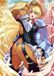  2girls angel angel_wings armor ass bastard!! blonde_hair blue_eyes blush breast_press breasts commentary_request dark-skinned_female dark_skin falling_feathers feathered_wings feathers gabriel_(bastard!!) glowing_feather hat holding_hands interlocked_fingers large_breasts long_hair looking_back michael_(bastard!!) michairu multiple_girls multiple_wings photoshop_(medium) purple_eyes short_hair shoulder_armor symmetrical_docking white_feathers wings yuri 